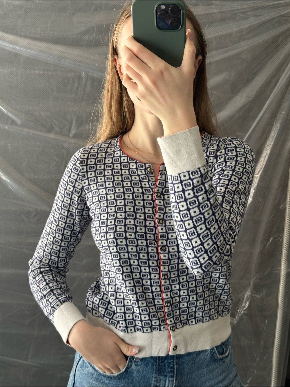 Banana Republic Navy & White Geometric Knit Cardigan with Red Piping